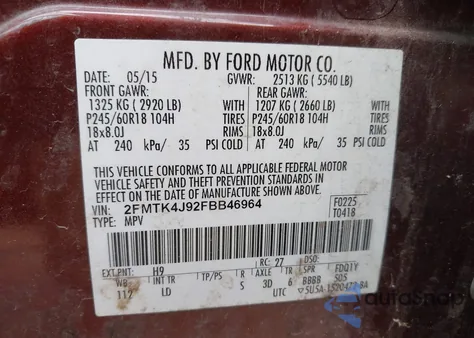 2015 Ford Edge Sel z USA, uszkodzony, nr VIN 2FMTK4J92FBB46964